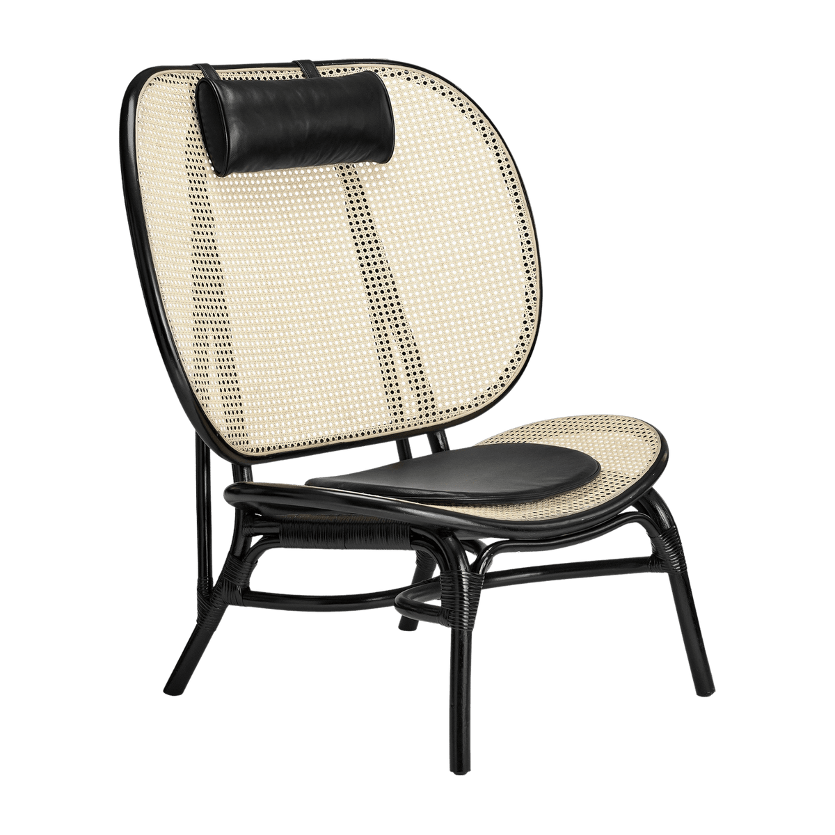 Fauteuil en osier noir et coussins en cuir noir Nomad - NORR11 - The Cool Republic