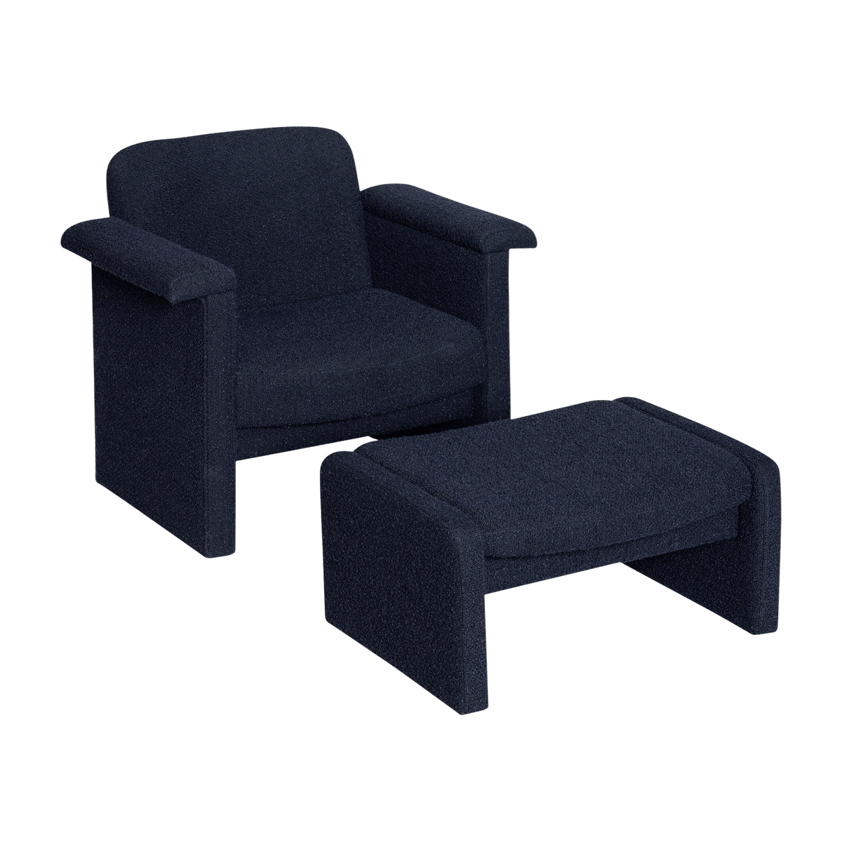 Fauteuil et repose pieds en tissu bouclette bleu foncé Softy - Hübsch - The Cool Republic