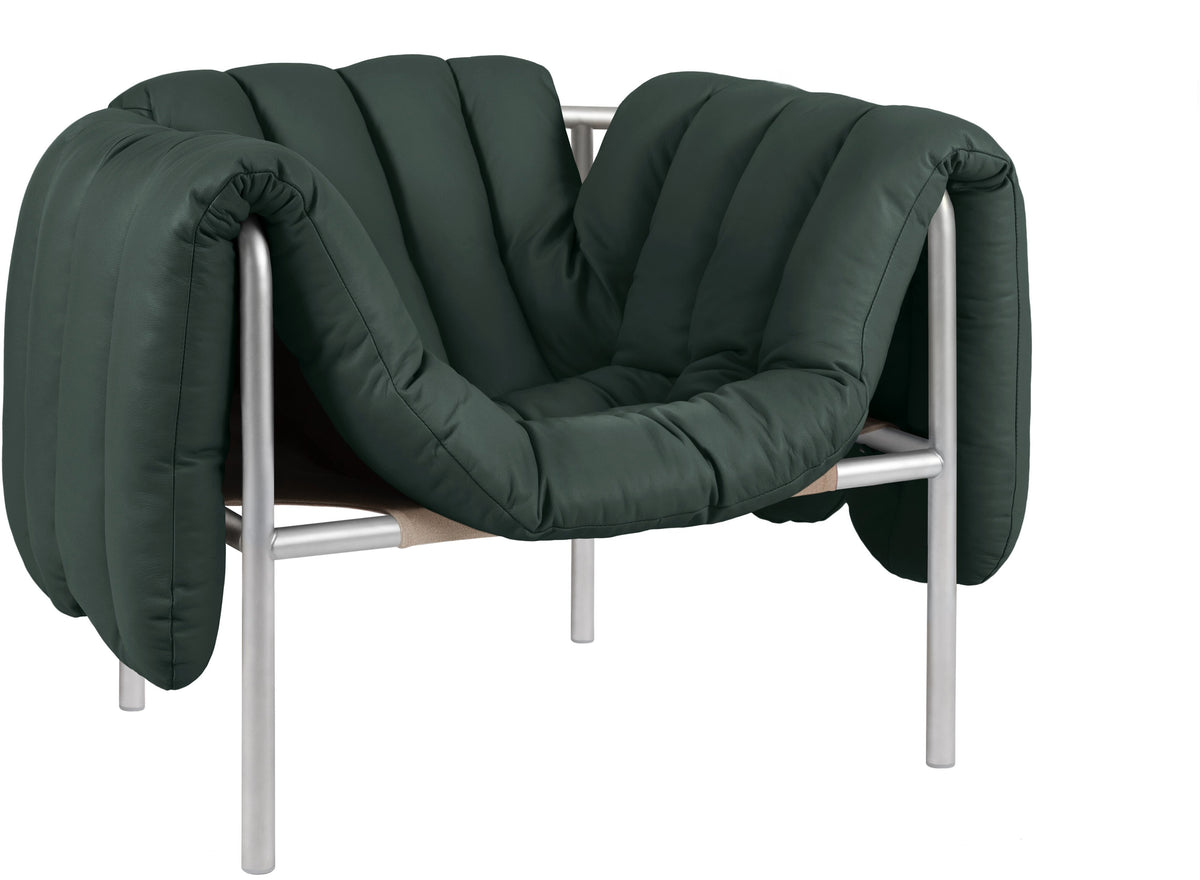 Fauteuil lounge en cuir vert foncé et acier Puffy - Hem