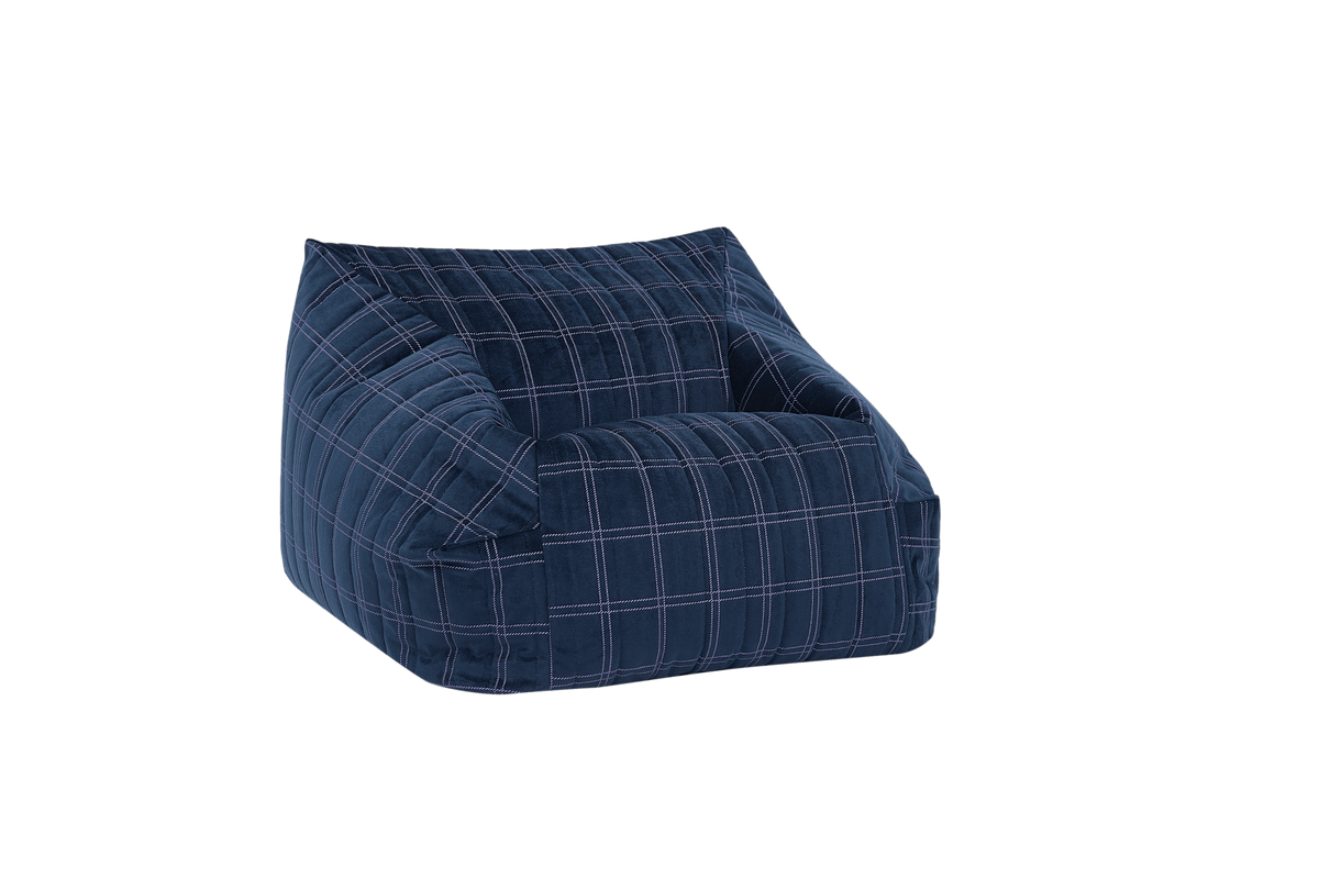 Fauteuil pouf pour enfant en velours recyclé à carreaux bleu marine et violet 72 x 72 x 42 cm Chelsea - Nobodinoz - The Cool Republic