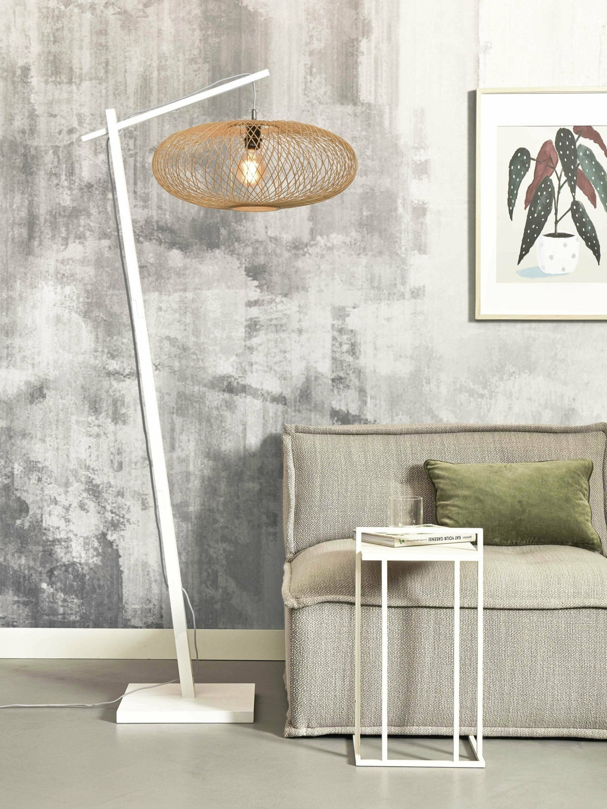 Lampadaire en bambou blanc avec abat-jour en bois naturel 176x60 cm Cango - Good & Mojo - The Cool Republic