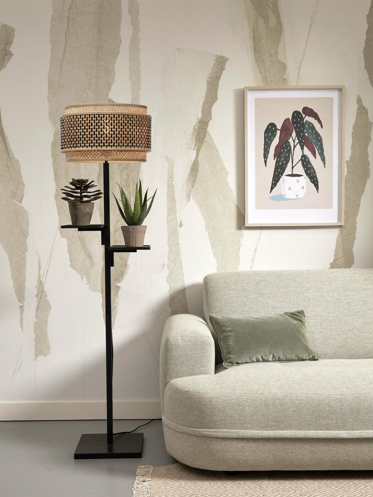 Lampadaire en bambou noir avec abat-jour en bois noir et naturel 160x40 cm Bhoutan - Good & Mojo - The Cool Republic