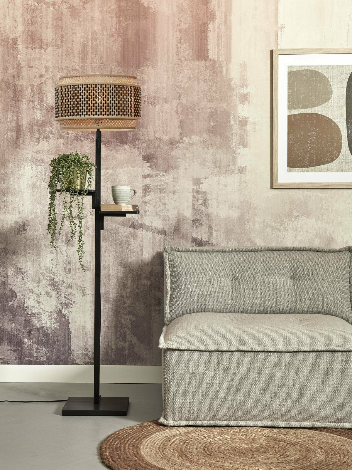 Lampadaire en bambou noir avec abat-jour en bois noir et naturel 160x40 cm Bhoutan - Good & Mojo - The Cool Republic
