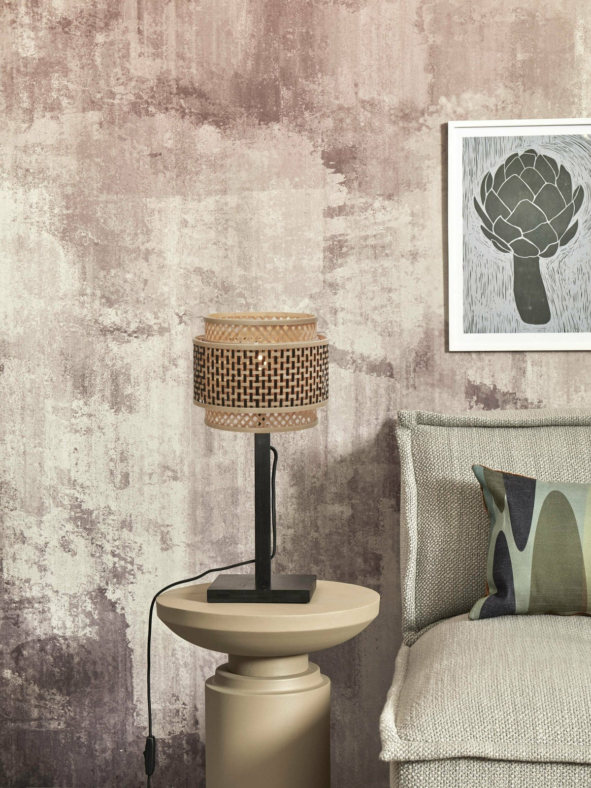 Table Lamp Bhutan Bamboo Bl. H.40Cm/Shade Round 25X20Cm Bl/Nat. - Good & Mojo - The Cool Republic