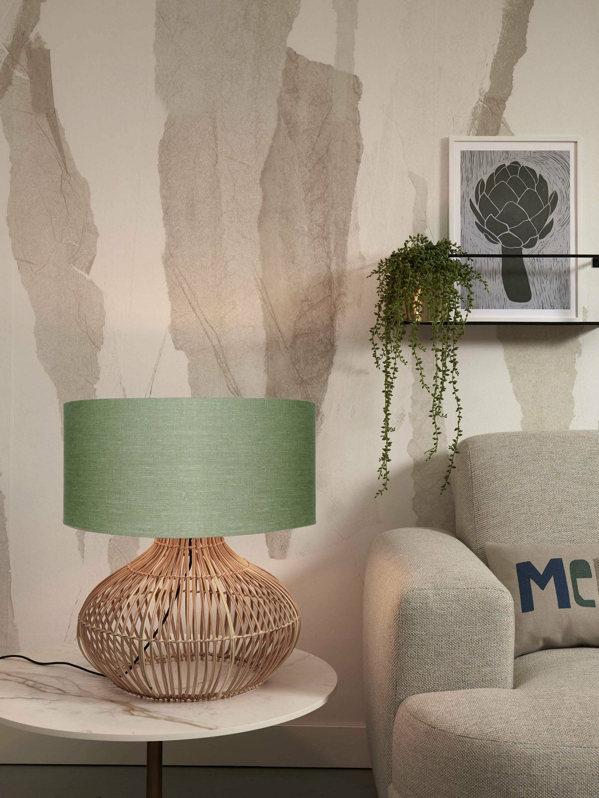 Lampe à poser en rotin avec abat-jour en lin vert 47x23cm Kalahari - Good & Mojo - The Cool Republic
