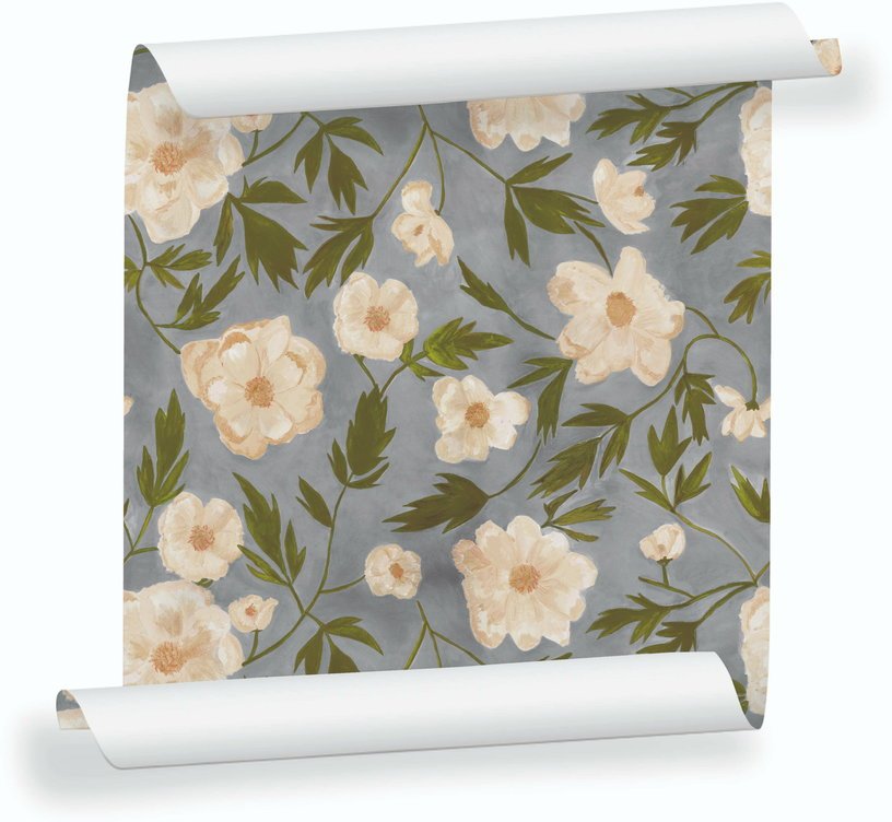 Lé de papier peint fleuri sur fond gris clair Aude - Mues Design - The Cool Republic
