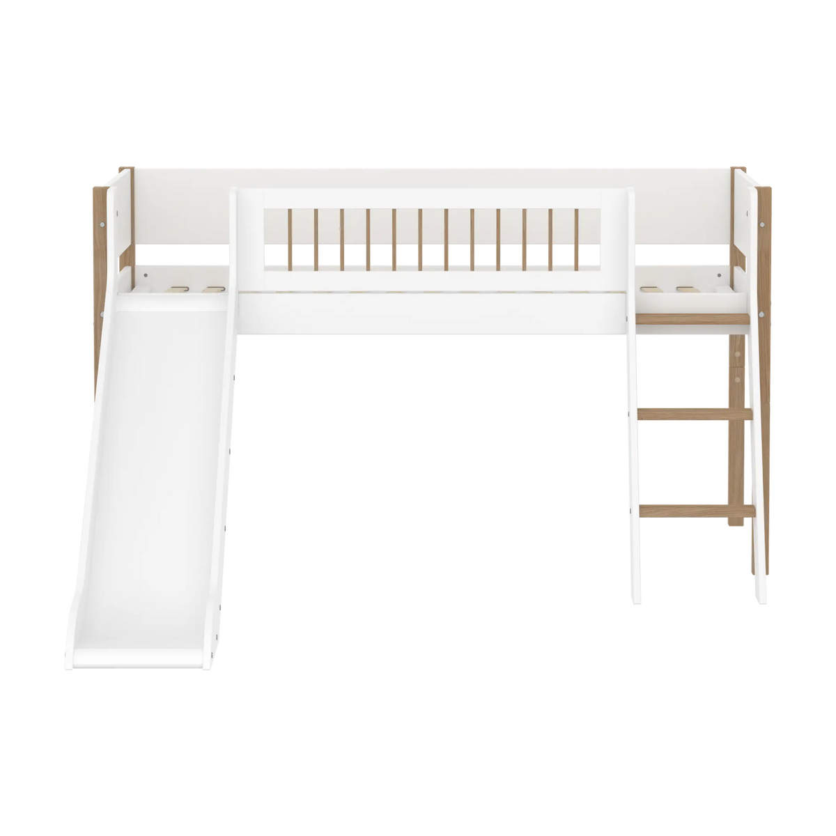 Lit mi-hauteur pour enfant avec toboggan en chêne naturel et bois blanc 208x249,3x120cm Nor - Flexa — vue 2