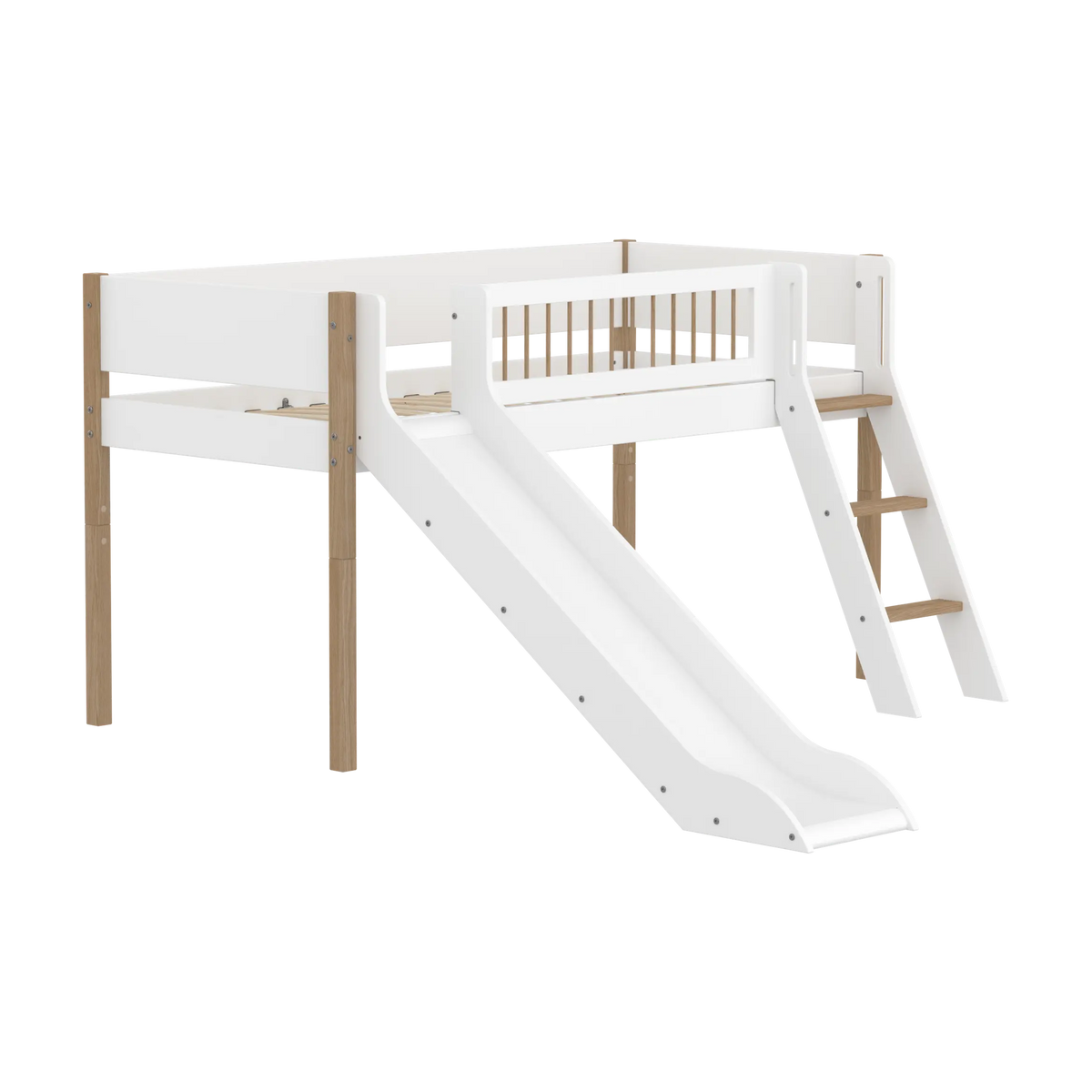 Lit mi-hauteur pour enfant avec toboggan en chêne naturel et bois blanc 208x249,3x120cm Nor - Flexa — vue 3