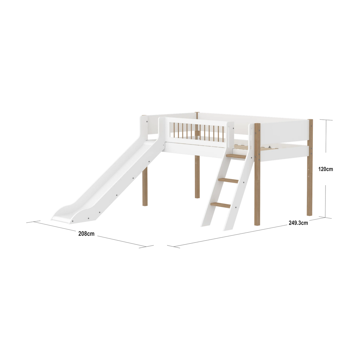Lit mi-hauteur pour enfant avec toboggan en chêne naturel et bois blanc 208x249,3x120cm Nor - Flexa — vue 4