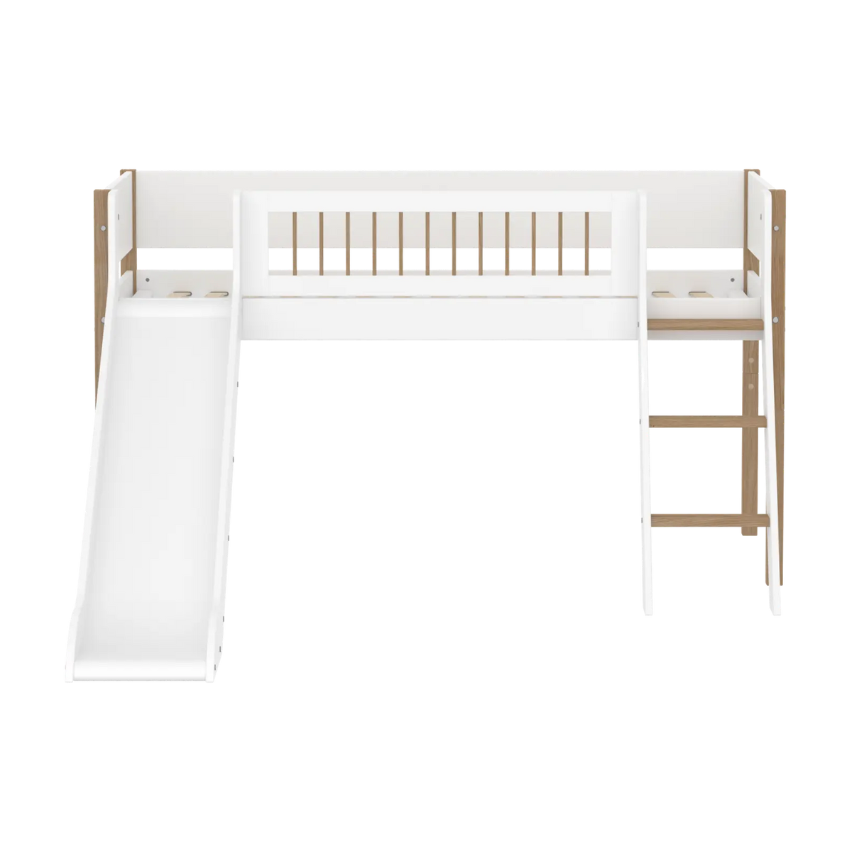 Lit mi-hauteur pour enfant avec toboggan en chêne naturel et bois blanc 208x249,3x120cm Nor - Flexa — vue 5