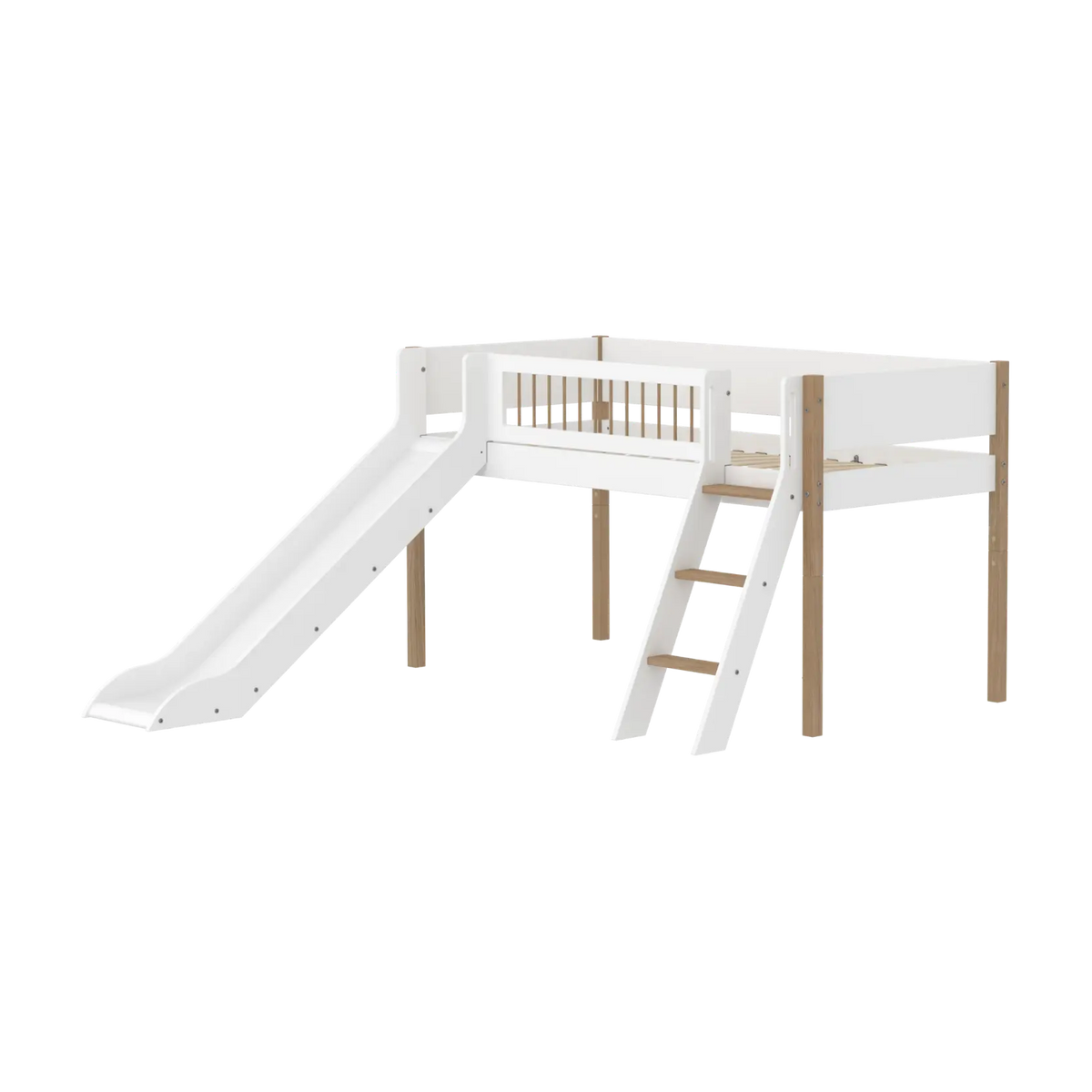 Lit mi-hauteur pour enfant avec toboggan en chêne naturel et bois blanc 208x249,3x120cm Nor - Flexa