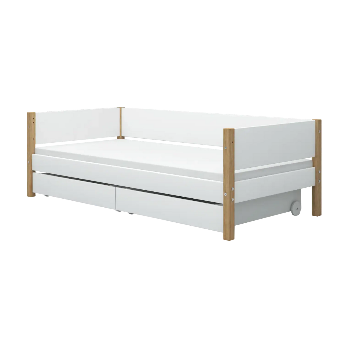 Lit pour enfant avec rangements en bois blanc et chêne massif naturel 208x99,3x66,5cm Nor - Flexa