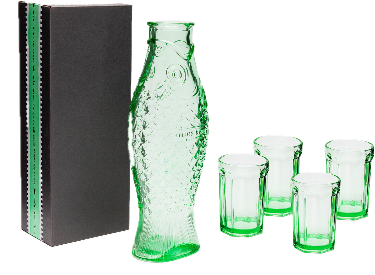 Fish&Fish jarra y 4 vasos de cristal verde transparente - Serax