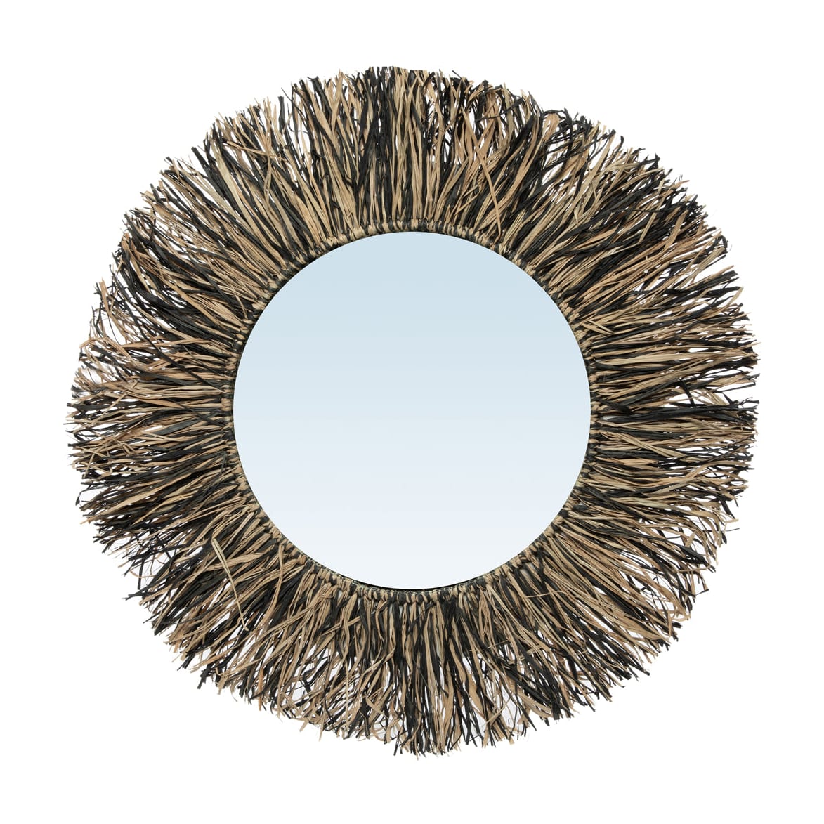 Miroir rond en raphia tressé noir et beige 55cm Raffia Fringe - Bazar Bizar - The Cool Republic