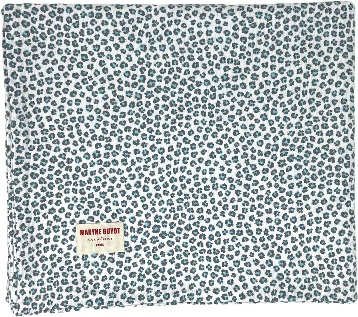 Nappe blanche à motif léopard bleu 140 x 300 Graou Bleu - Maryne Guyot Créations - The Cool Republic