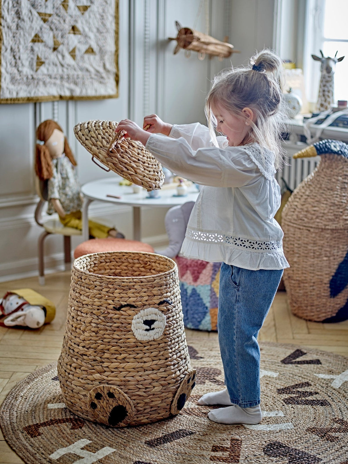 Panier de rangement avec couvercle en jacinthe d'eau naturel 40 x 57cm Timone - Bloomingville Mini - The Cool Republic