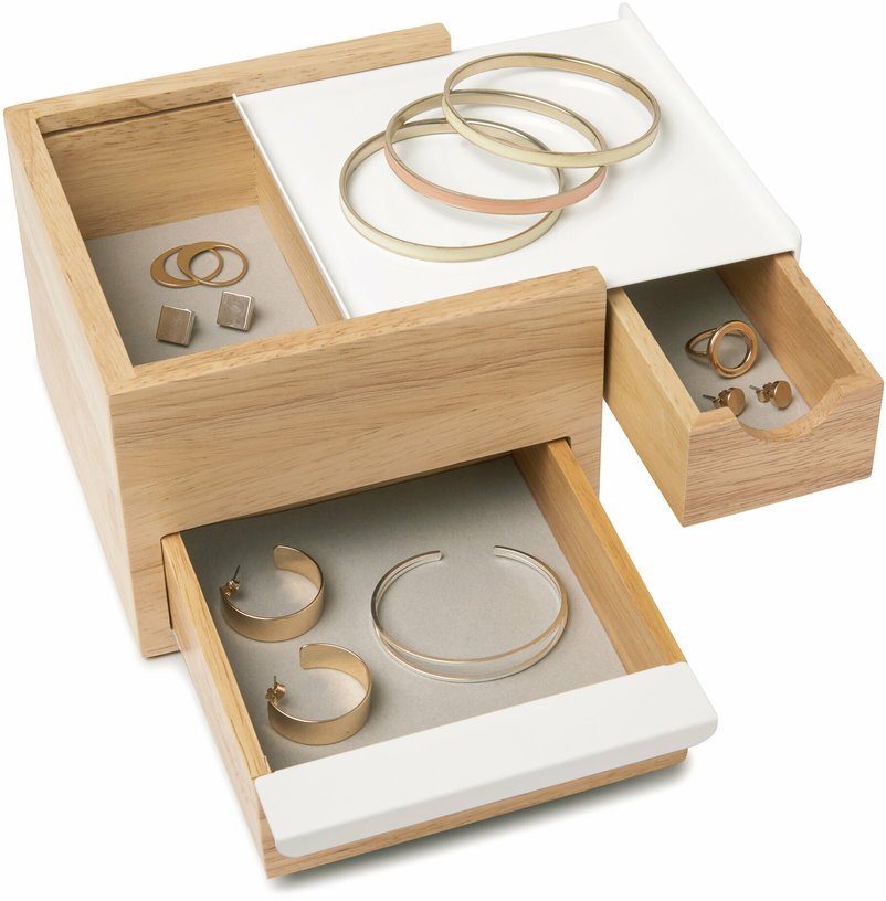 Petite boîte à bijoux en bois naturel et métal blanc Stowit - Umbra - The Cool Republic