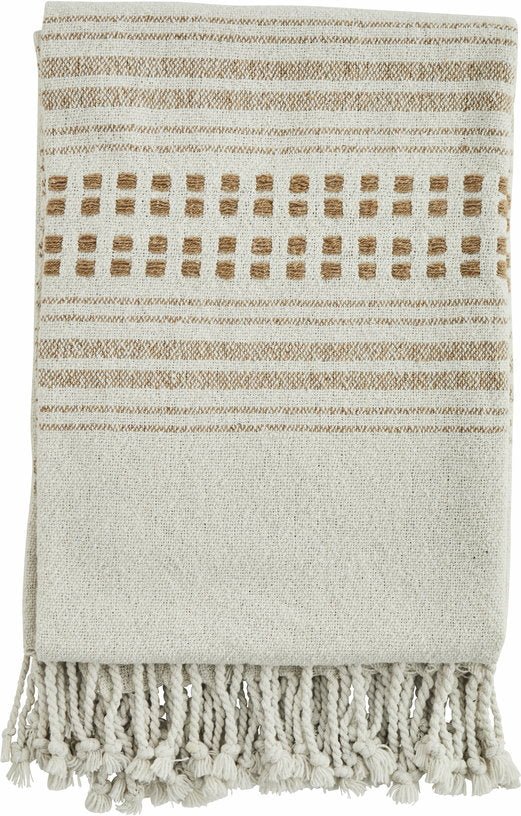 Plaid tissé à rayures avec franges blanc et marron 125 x 175 cm - Madam Stoltz - The Cool Republic