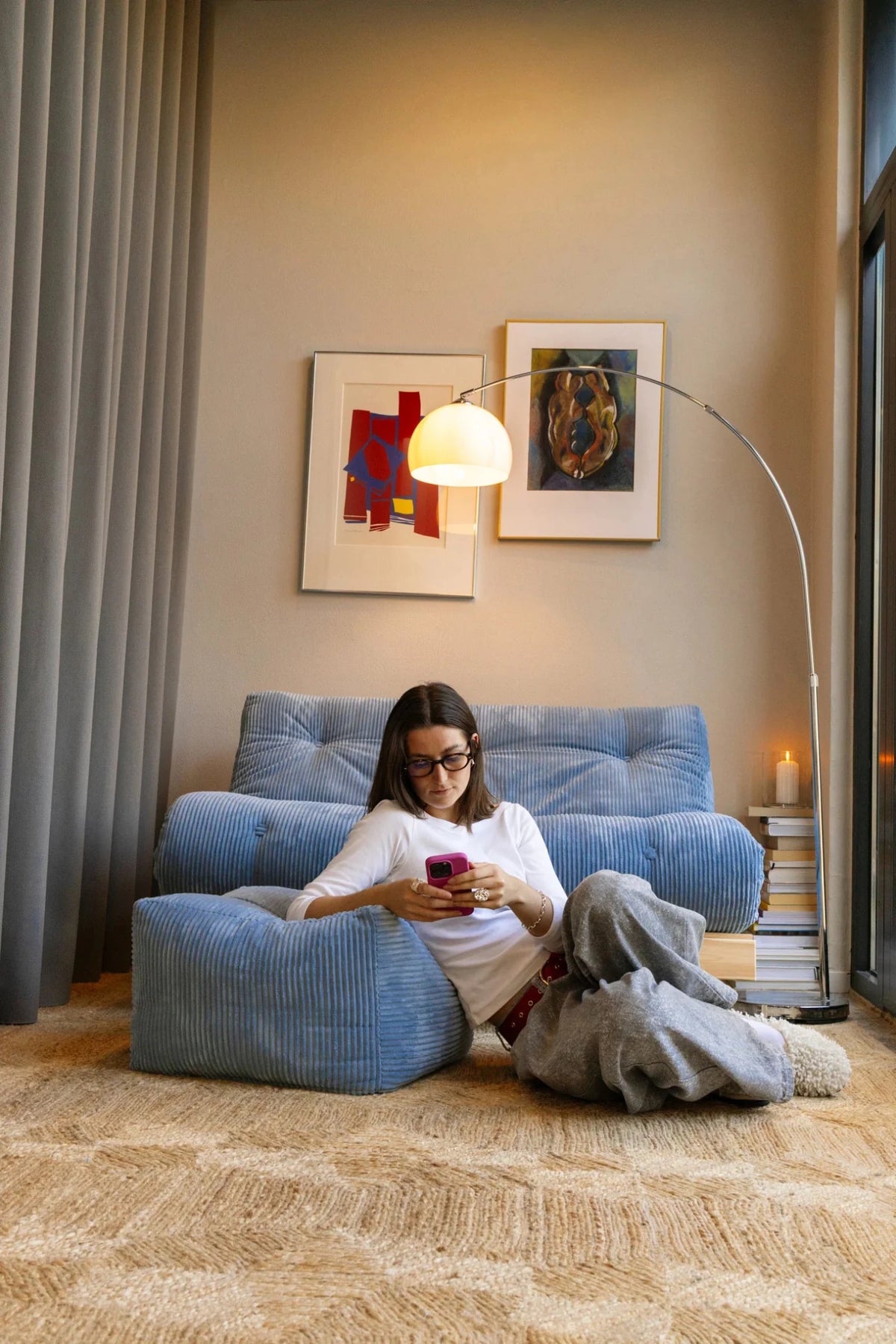 Pouf en velous strié bleu 50x35cm Buddy - Karup - The Cool Republic