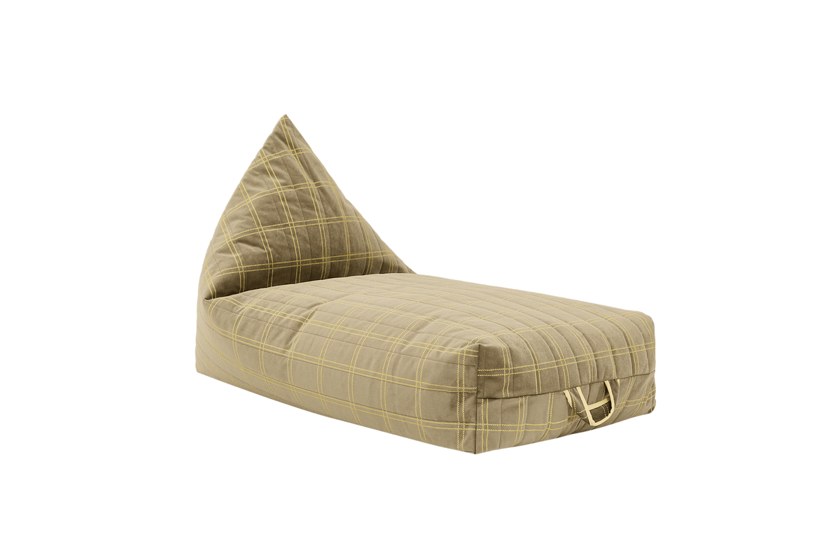 Pouf long pour enfant en velours recyclé à carreaux vert kaki et jaune 109 x 60 x 60 cm Oasis - Nobodinoz - The Cool Republic