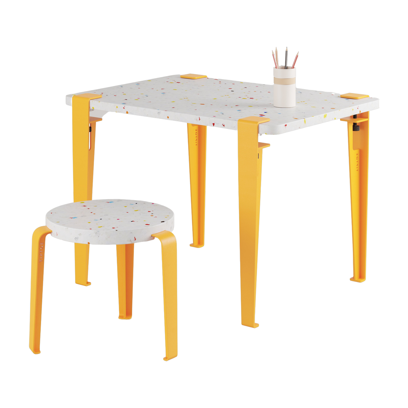 Bureau enfant plastique recyclé 70 x 50 cm jaune Tutti Frutti et tabouret jaune Mini Lou - Tiptoe