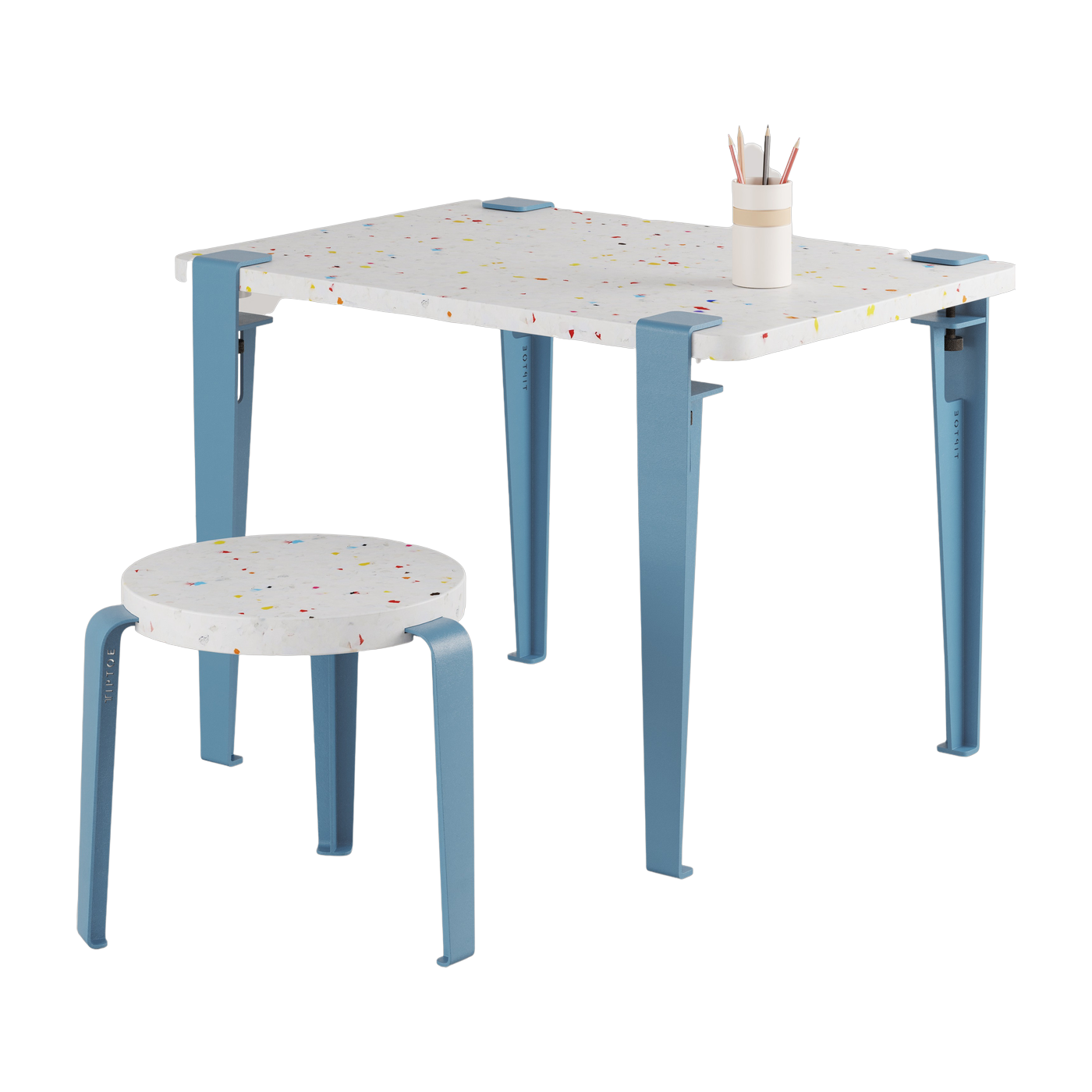 Bureau enfant plastique recyclé 70 x 50 cm bleu Tutti Frutti et tabouret bleu Mini Lou - Tiptoe