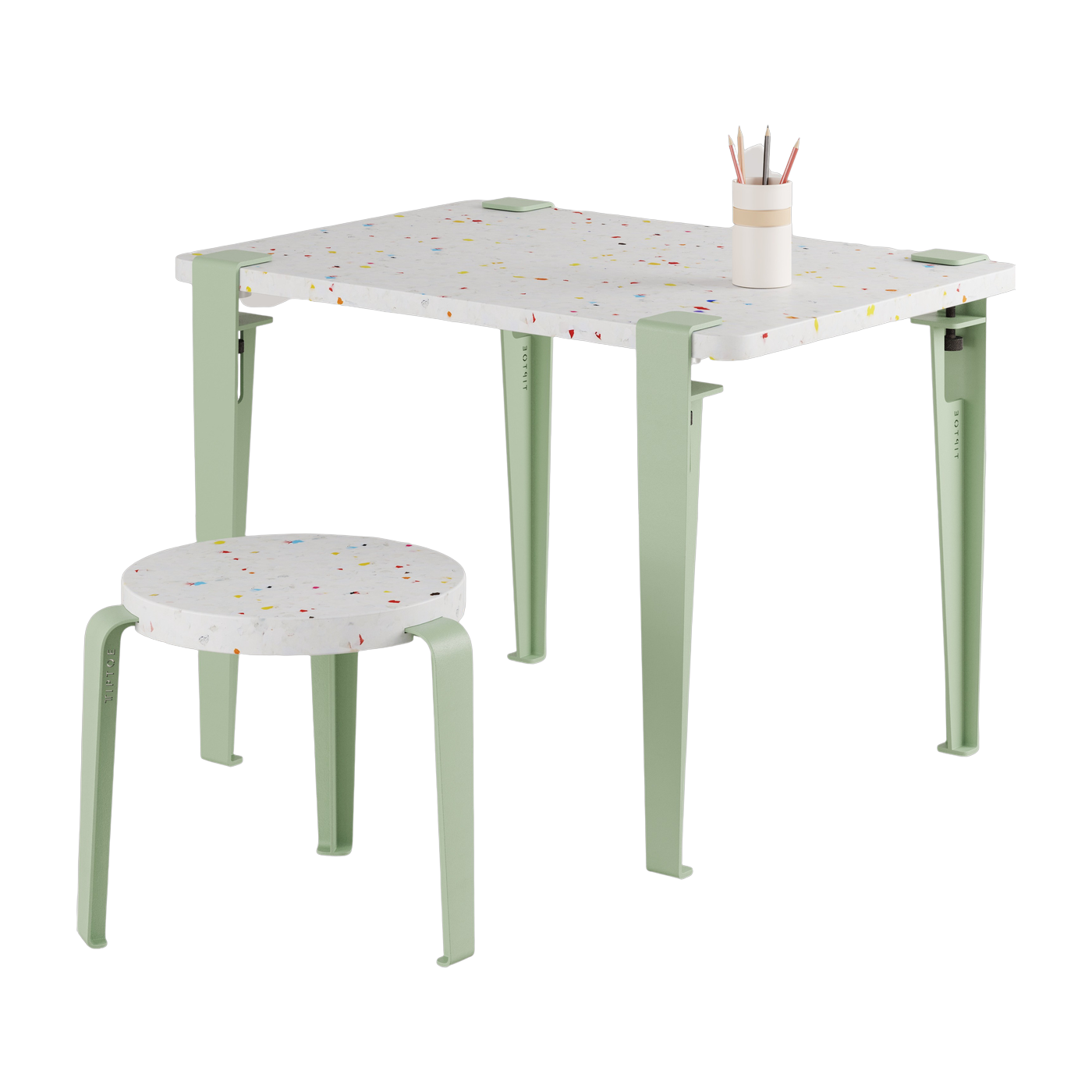 Bureau enfant plastique recyclé 70 x 50 cm vert Tutti Frutti et tabouret vert Mini Lou - Tiptoe