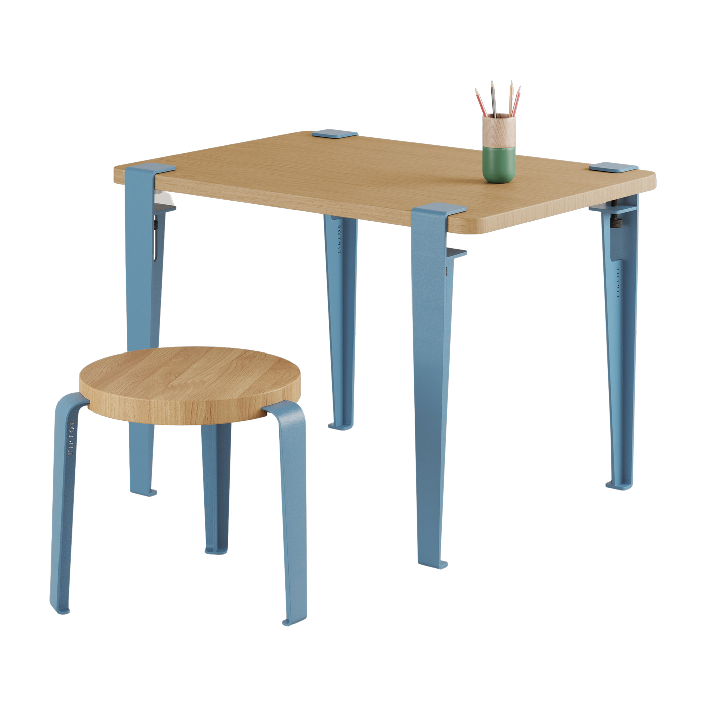 Bureau enfant en chêne 70 x 50 cm bleu Kids et tabouret bleu et chêne Mini Lou - Tiptoe