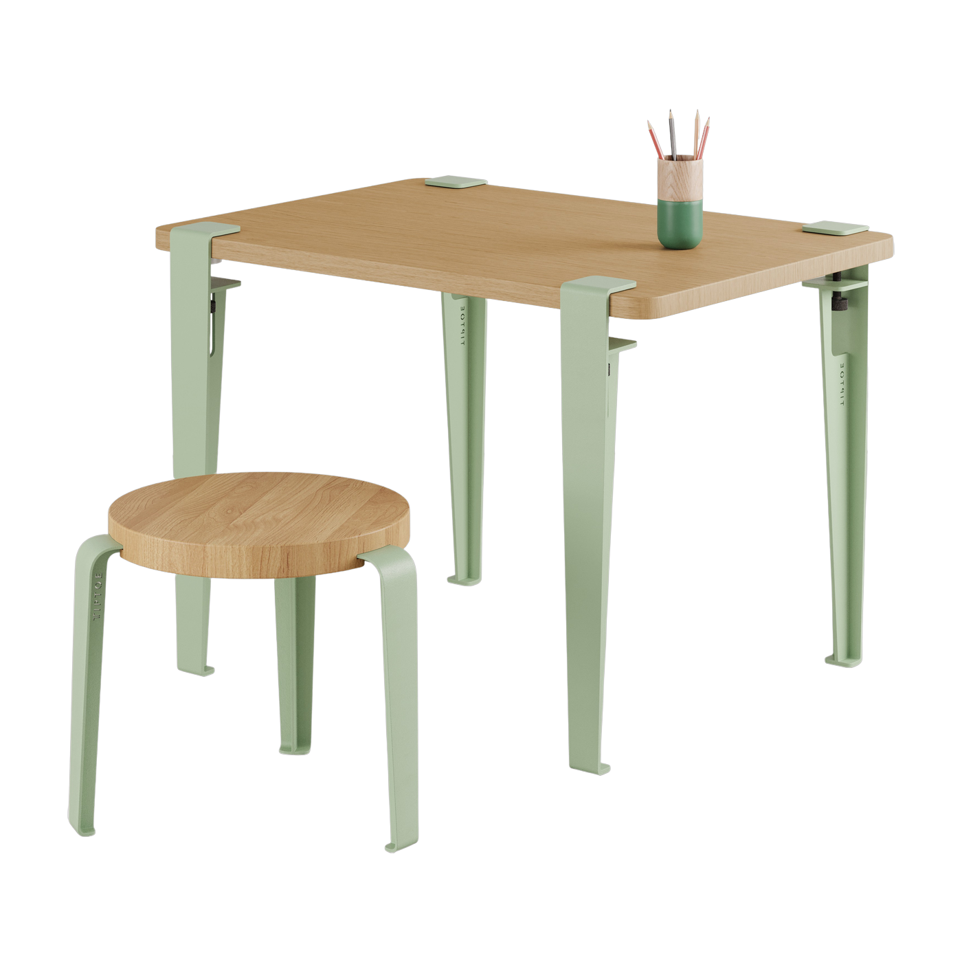 Bureau enfant en chêne 70 x 50 cm vert Kids et tabouret vert et chêne Mini Lou - Tiptoe