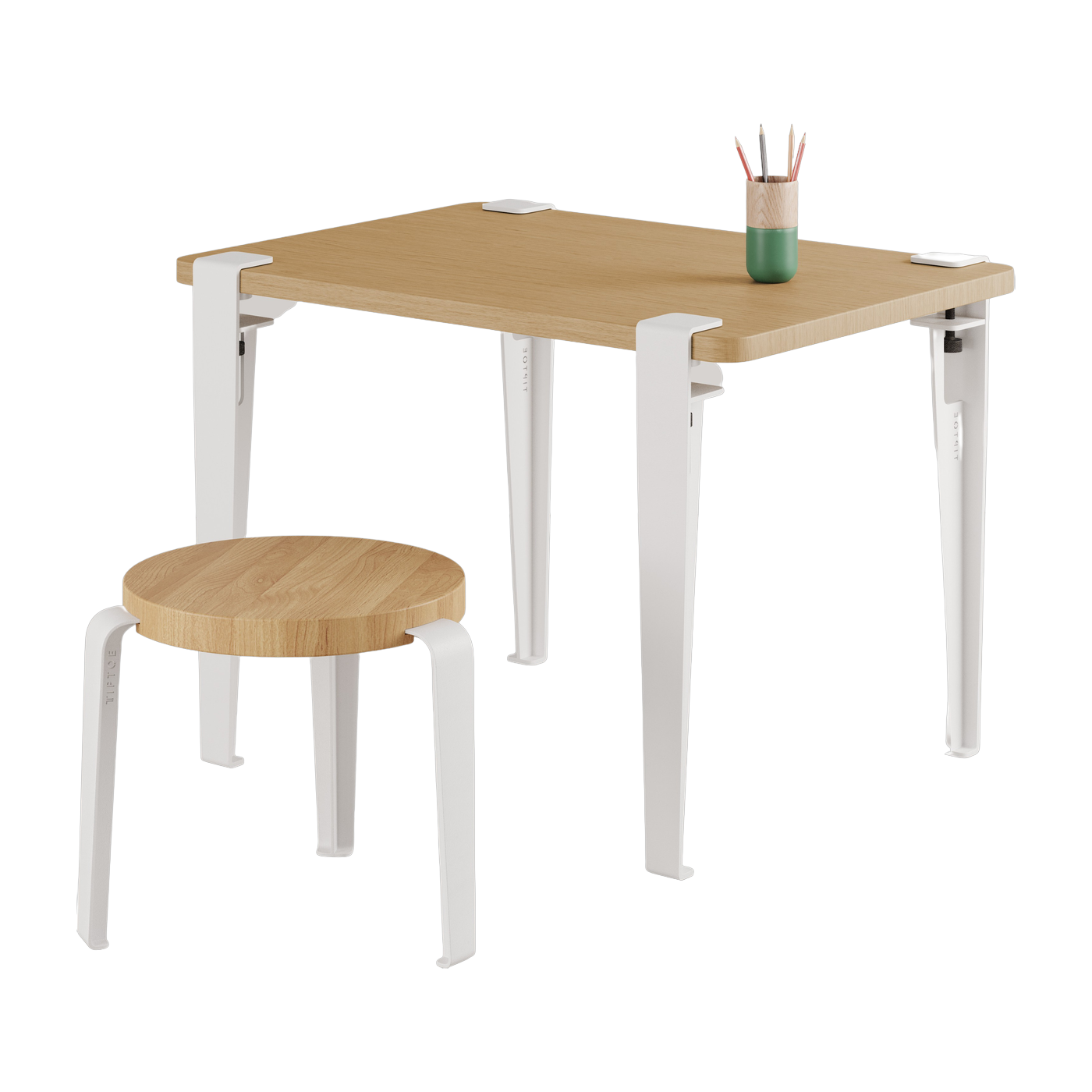 Bureau enfant en chêne 70 x 50 cm blanc Kids et tabouret blanc et chêne Mini Lou - Tiptoe