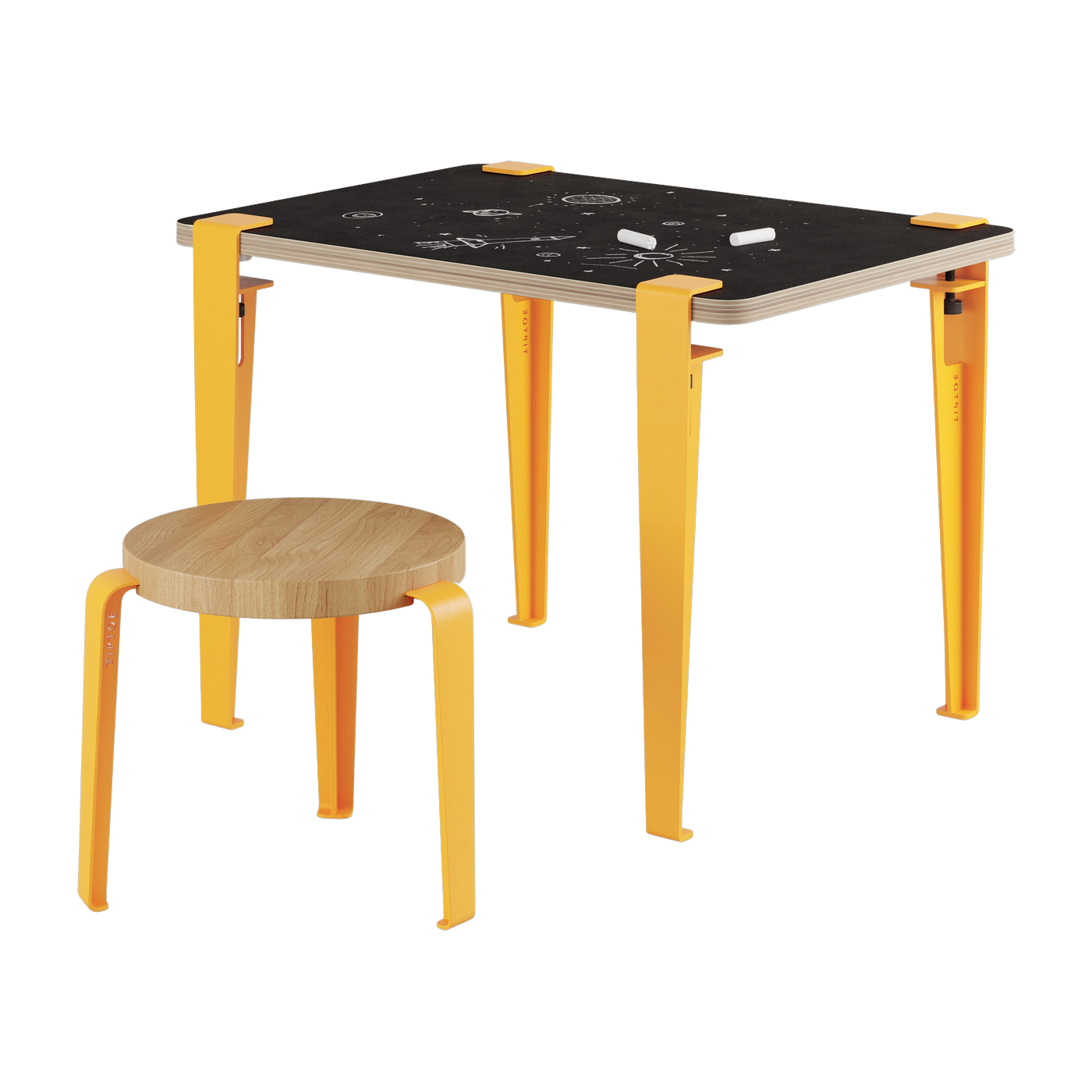 Bureau enfant blanc et jaune ardoise 70 x 50 cm Vice Versa et tabouret chêne jaune Mini Lou - Tiptoe