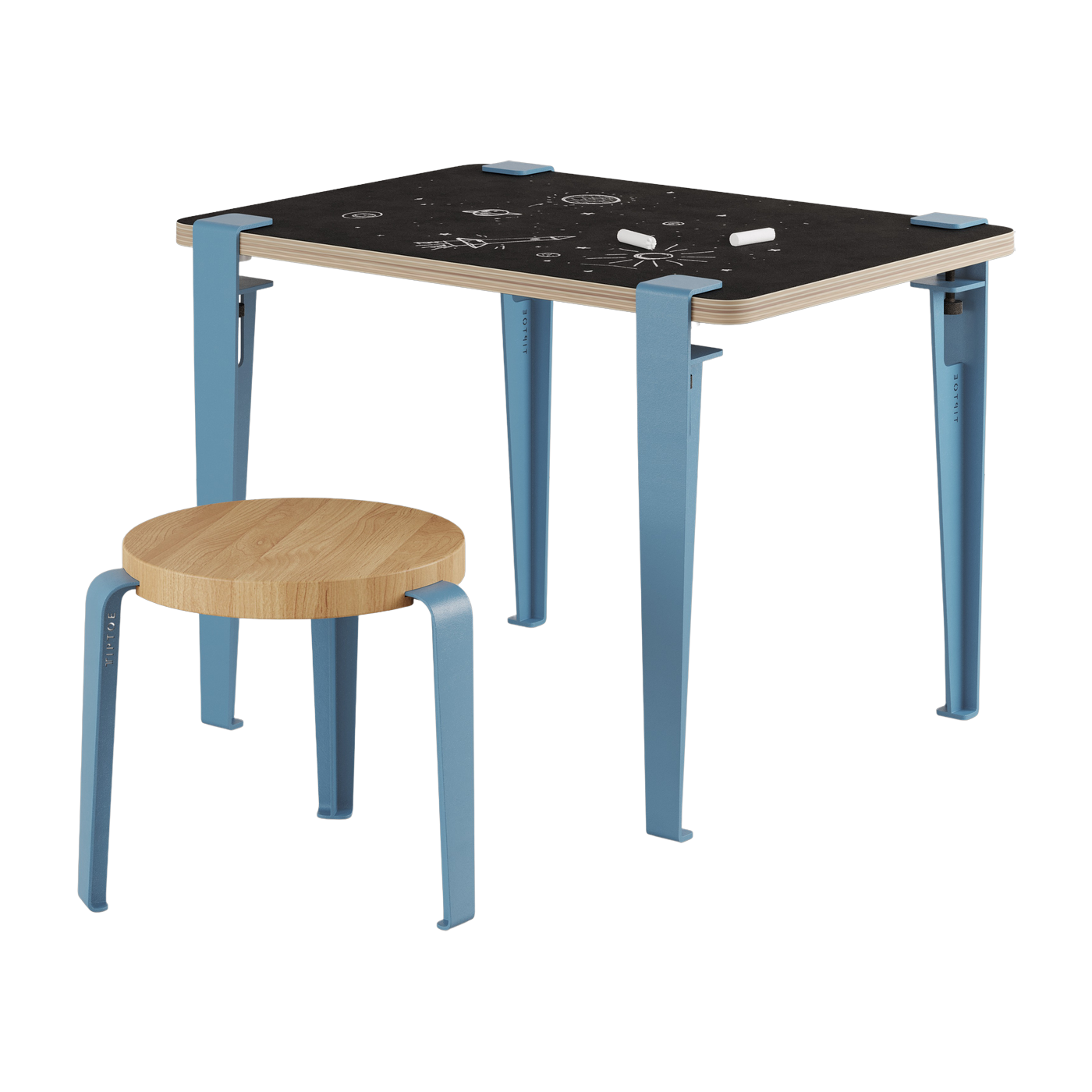 Bureau enfant blanc et bleu ardoise 70 x 50 cm Vice Versa et tabouret chêne bleu Mini Lou - Tiptoe