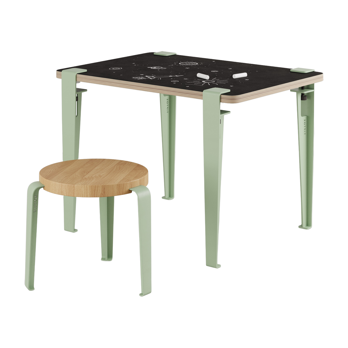 Bureau enfant blanc et verte ardoise 70 x 50 cm Vice Versa et tabouret chêne vert Mini Lou - Tiptoe