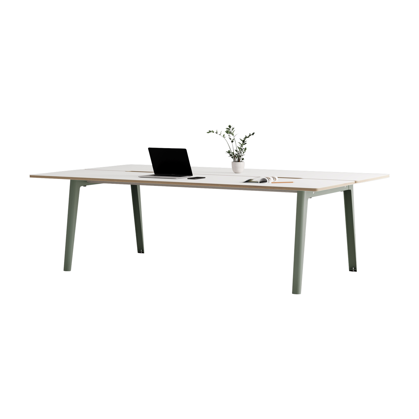 Bureau open-space in white laminate 240 x 140 cm eucalyptus grey legs New Modern - Tiptoe