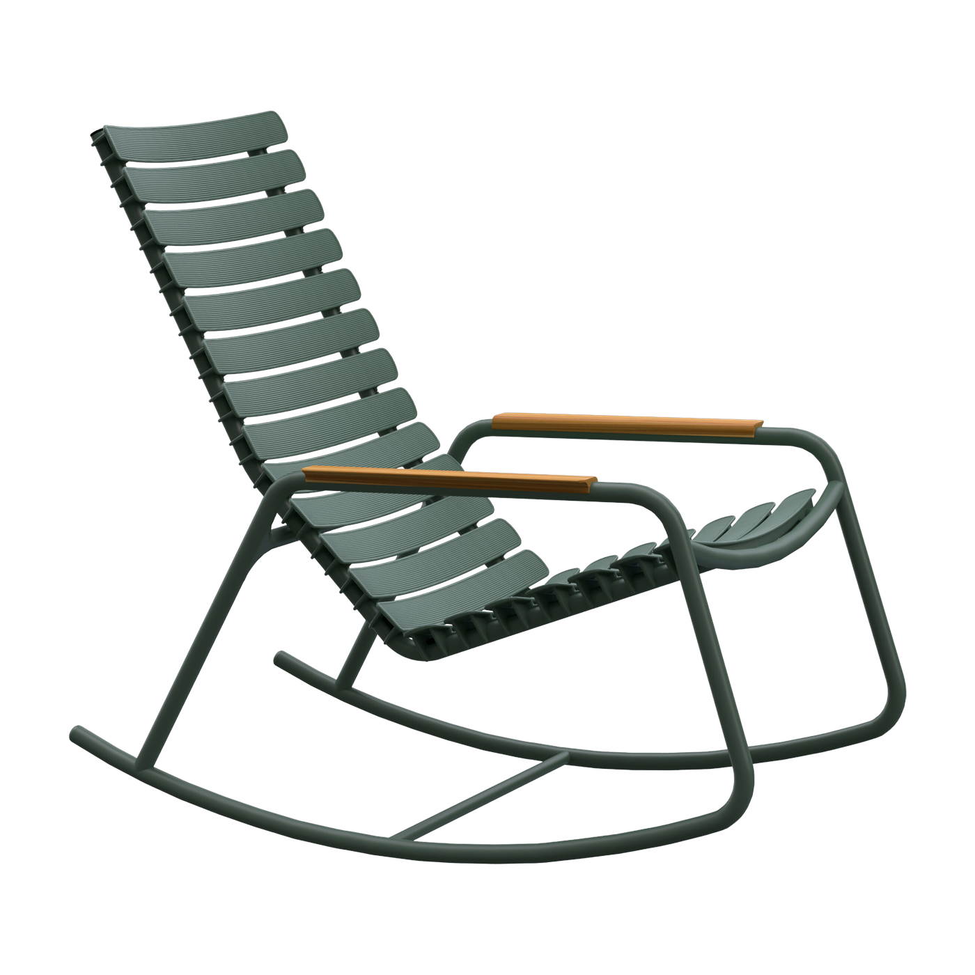 Schaukelstuhl aus recyceltem Kunststoff, Aluminium, olivgrün und Bambus Reclips -. Houe