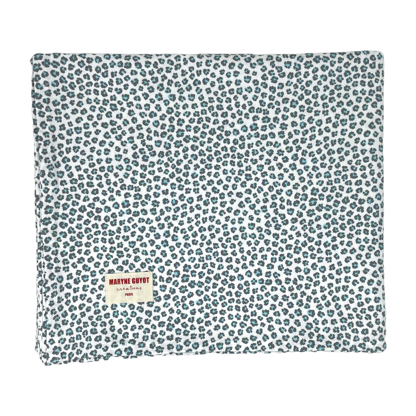 White tablecloth with blue leopard pattern 140 x 250 Graou Bleu - Maryne Guyot Créations