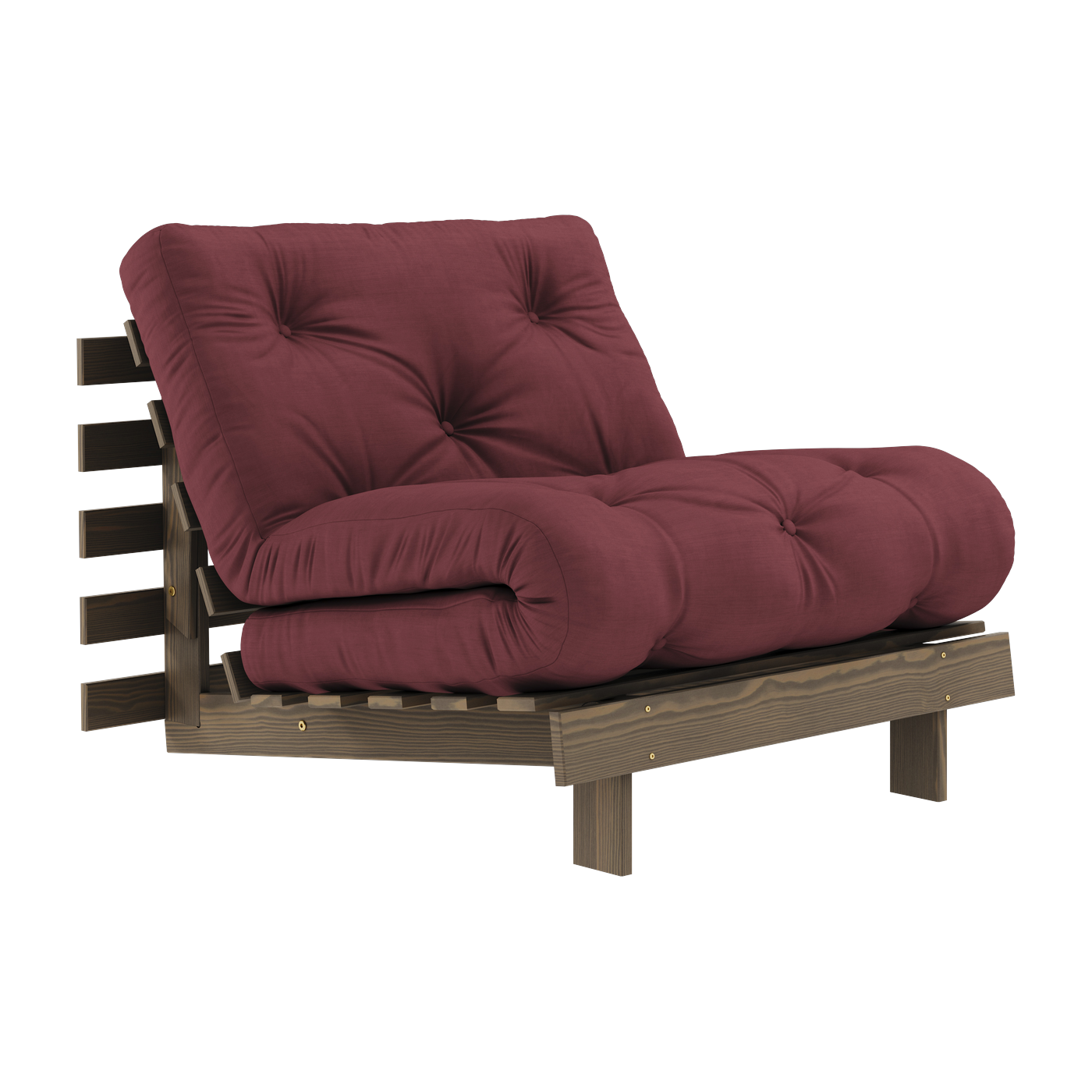 Sofa bed in carob brown pine and burgundy fabric 90 x 200 cm Roots - Karup Design