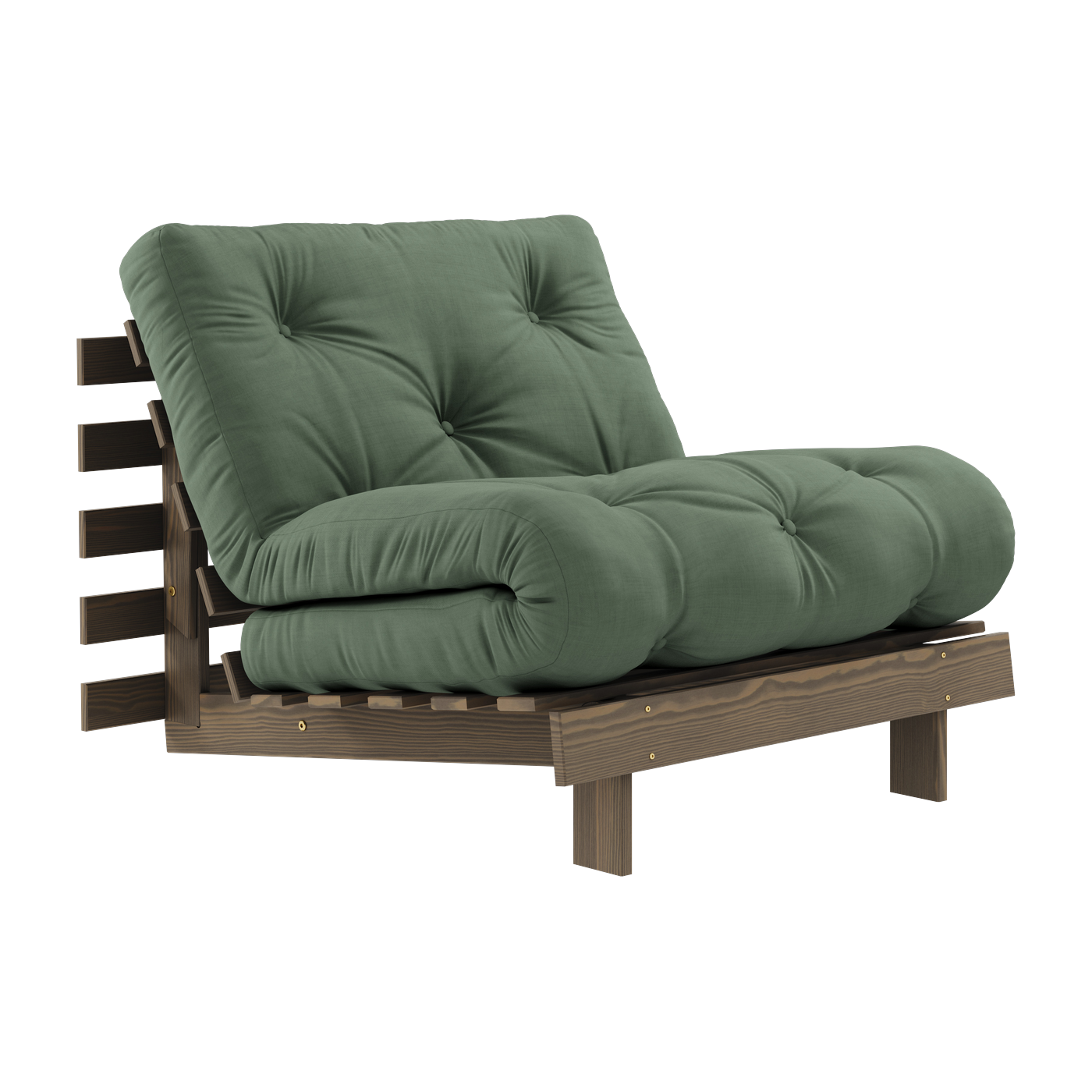 Divano letto in legno di pino marrone carruba e tessuto verde oliva 90 x 200 cm Roots - Karup Design