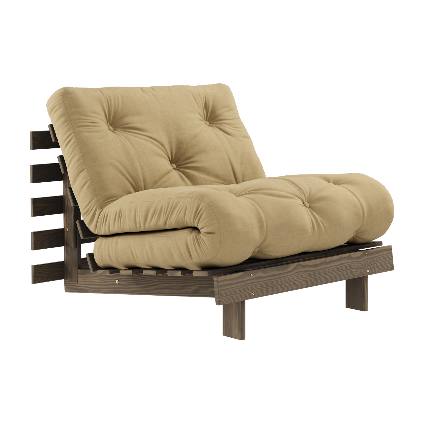 Sofa bed in carob brown pine and wheat beige fabric 90 x 200 cm Roots - Karup Design