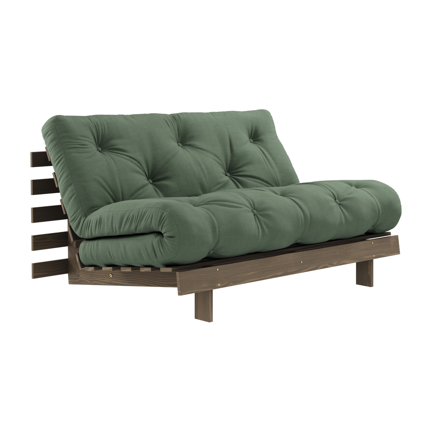 Sofa-bed in carob brown pine and olive green fabric 140 x 200 cm Roots - Karup Design