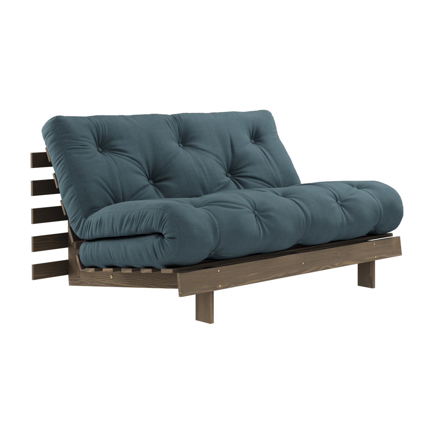 Divano letto in legno di pino marrone carruba e tessuto blu petrolio 140 x 200 cm Roots - Karup Design