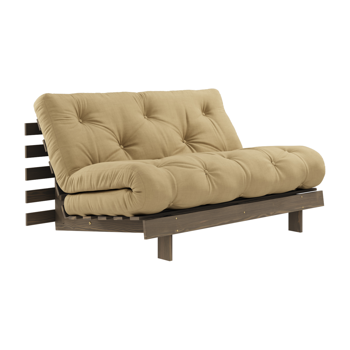 Sofa bed in carob brown pine and wheat beige fabric 140 x 200 cm Roots - Karup Design