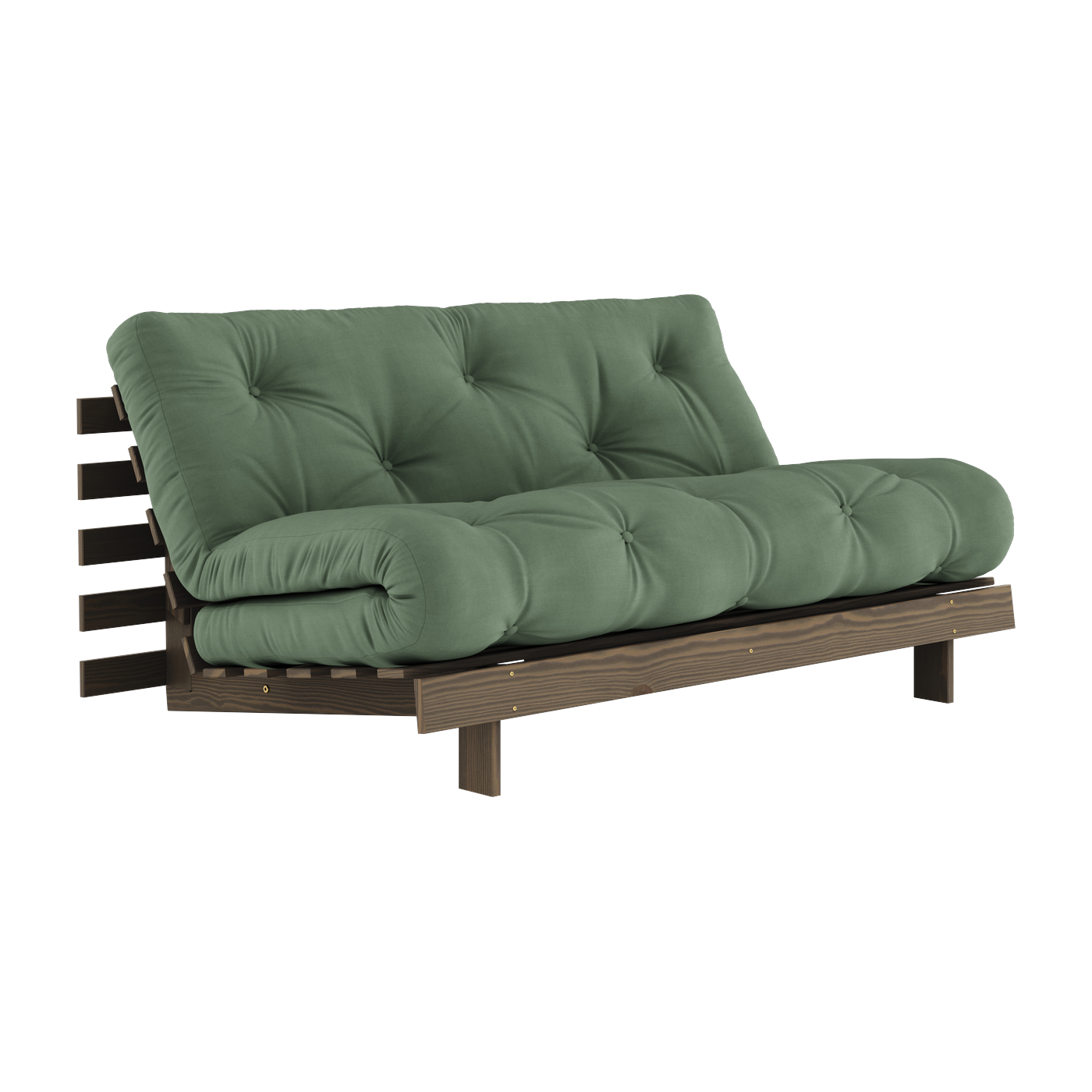 Divano letto in legno di pino marrone carruba e tessuto verde oliva 160 x 200 cm Roots - Karup Design