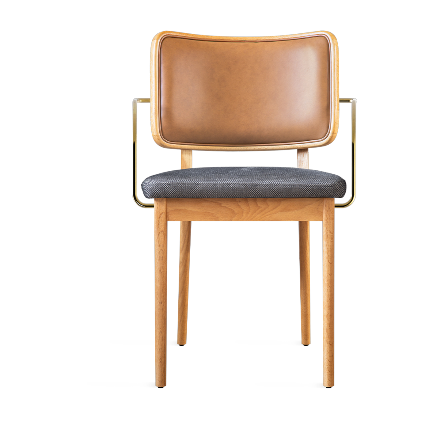 Silla de roble con reposabrazos de piel tabaco y tela caviar Tapissier - RED Edition