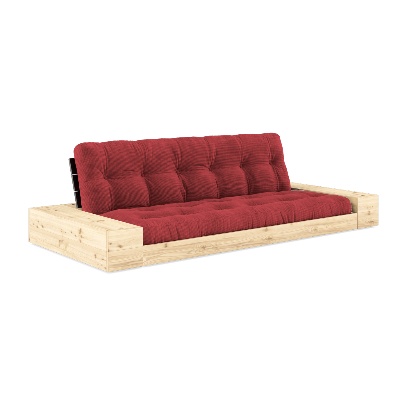 Umbaubares Sofa mit Stauraum aus Kiefernholz Schwarze Rückenlehne und rubinrote Matratze. Base - Karup Design