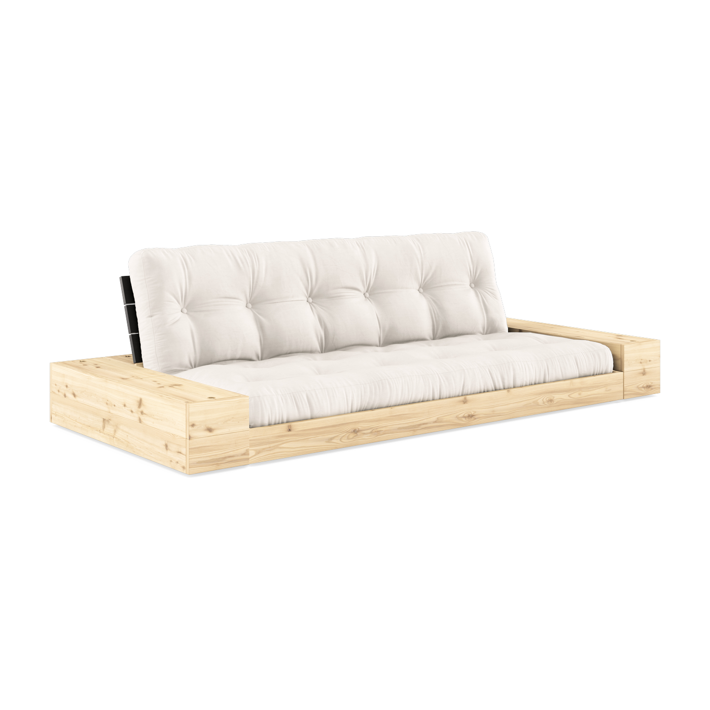 Umbaubares Sofa mit Stauraum aus Kiefernholz mit schwarzer Rückenlehne und Naturmatratze. Base - Karup Design