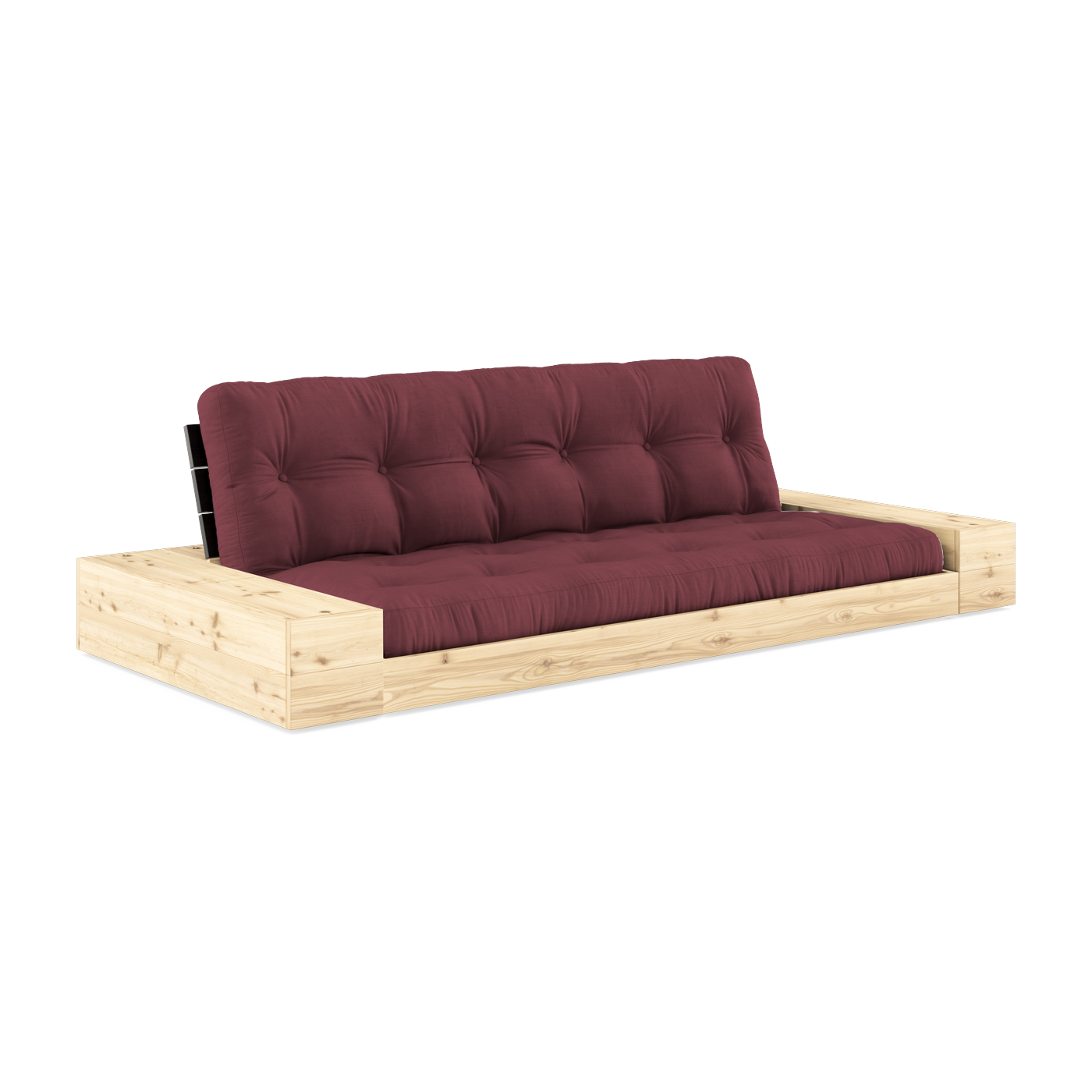 Umbaubares Sofa mit Stauraum aus Kiefernholz mit schwarzer Rückenlehne und bordeauxroter Matratze. Base - Karup Design
