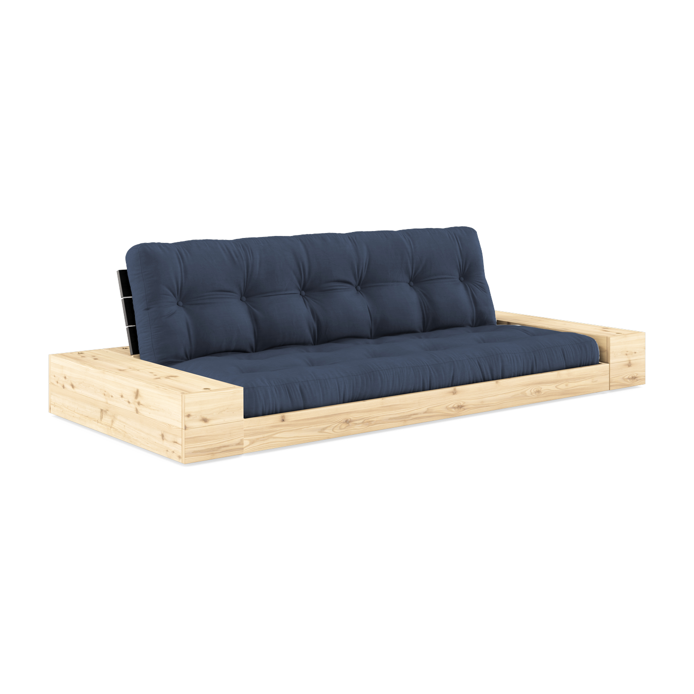Umbaubares Sofa mit Stauraum aus Kiefernholz Schwarze Rückenlehne und marineblaue Matratze. Base - Karup Design