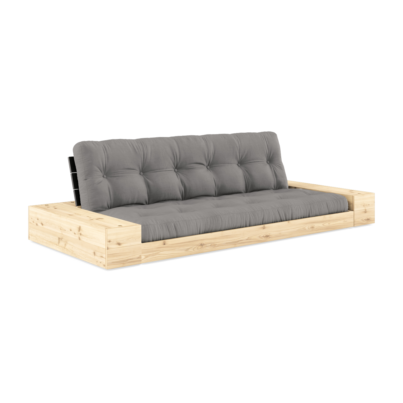 Umbaubares Sofa mit Stauraum aus Kiefernholz Schwarze Rückenlehne und graue Matratze. Base - Karup Design