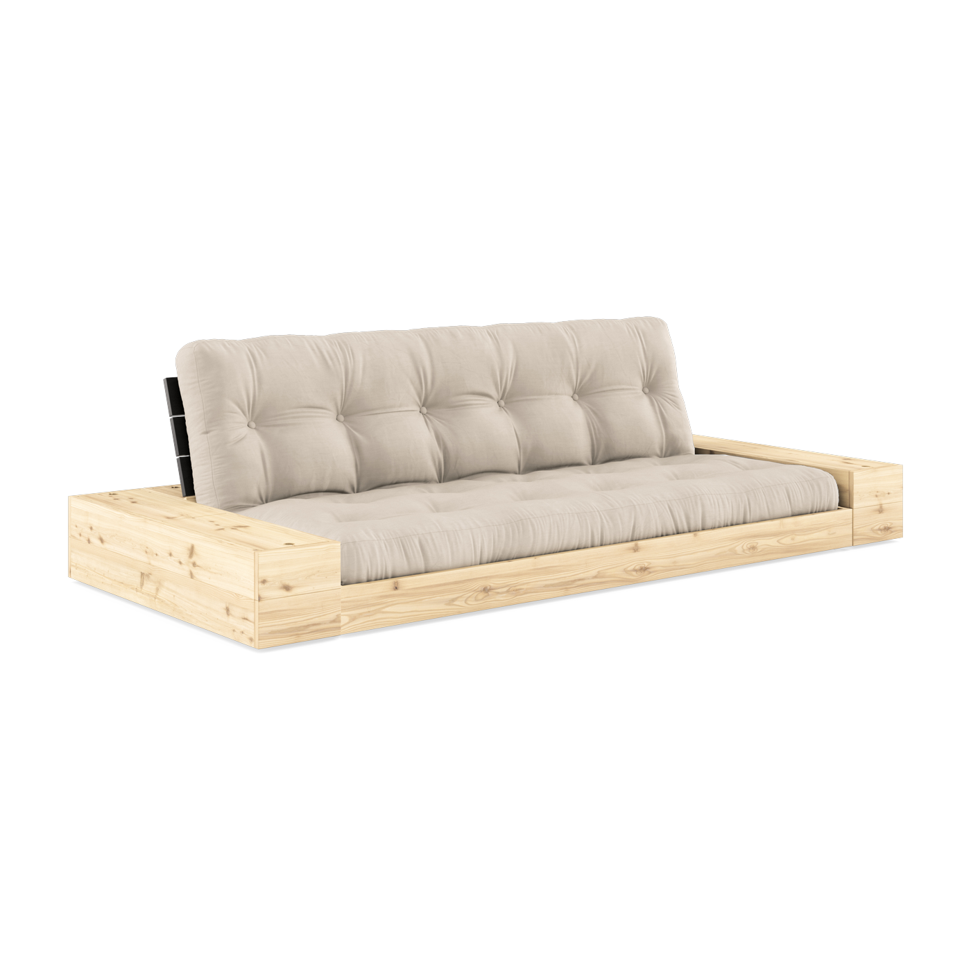 Umbaubares Sofa mit Stauraum aus Kiefernholz Schwarze Rückenlehne und beigefarbene Matratze. Base - Karup Design